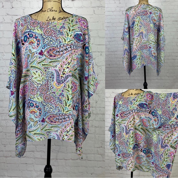 Susan Graver Paisley Print Poncho Cafgan Sleeve Top - Picture 1 of 1